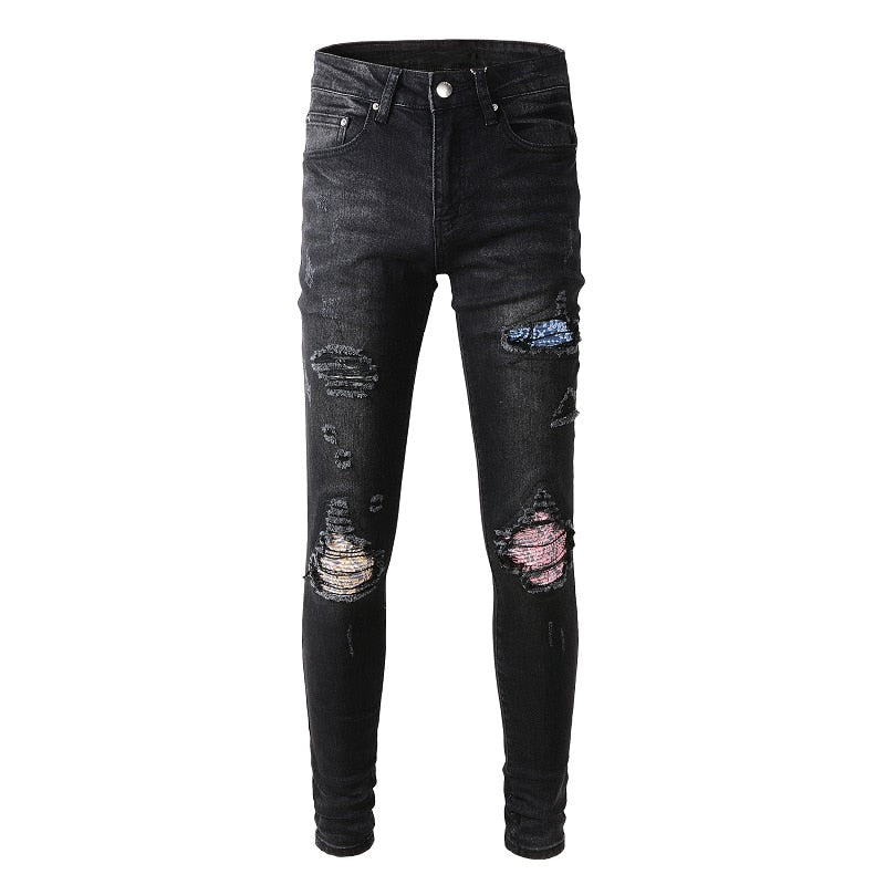 Ripped Bandanna Print Patch Jeans